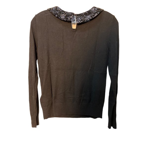 H&M Black Top Sweater Sequined Sparkling Peter Pan Collar Blouse - Picture 3 of 8